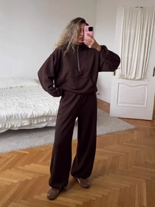 Women Half Zipper Sweatshirt And Wide Leg Pants Cotton Blend Knitted Letter Embroidery Casual Streetwear Long Sleeve