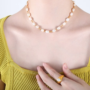 French style titanium steel necklace with freshwater pearls and matching gold ring
