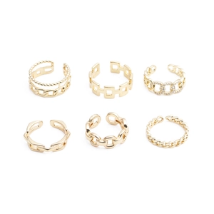 Set of 6 gold adjustable rings featuring chain textures and geometric patterns on white