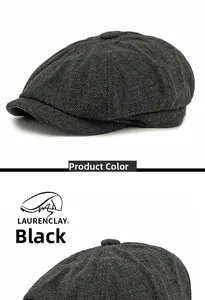 Detail view of dark grey herringbone tweed baker boy hat with classic vintage wool texture