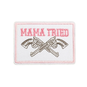 MAMA TRIED embroidered rectangle patch with western dual pistols in pink and brown tones