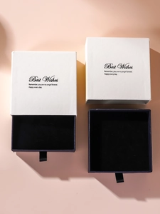 Close-up of white and navy drawer jewelry box with Best Wishes English gold foil text