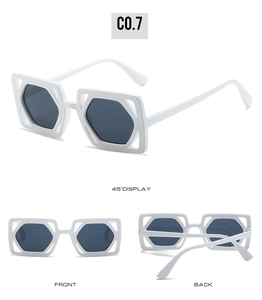 Three-way view of white hollow-out square sunglasses with grey lenses in various angles