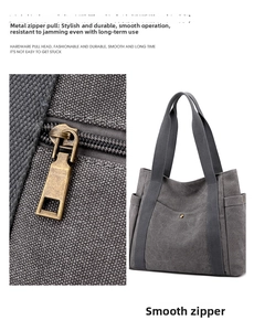 Detail of high-quality smooth metal zipper and gray canvas tote bag texture