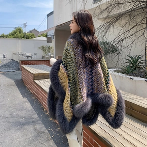 Ethnic style knitted shawl cape for women with gray faux fox fur collar in colorful patterns