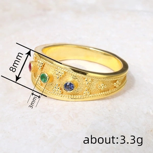 Elegant gold ring with colorful zircon stones and vintage beaded geometric design