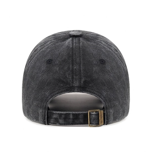 Vintage washed cotton baseball cap featuring back bronze metal buckle and worn-out finish