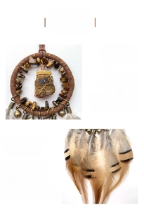 Detail of hand-woven dreamcatcher car pendant with natural tiger eye stones and feathers