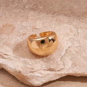 Polished gold wide-band ring with smooth metallic finish on natural stone background