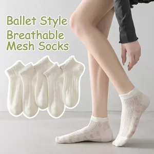 Women Ballet Style Ankle Socks Combed Cotton Breathable Mesh Hollow Bow Ruffle Lace Trim Sweet Lightweight