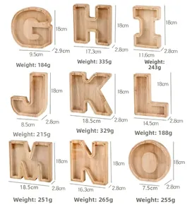 Size chart showing dimensions and weight for wooden alphabet money boxes letters G to O