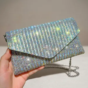 Sparkling rhinestone envelope evening clutch with silver chain strap for women
