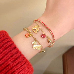 Red braided rope bracelet with gold horse pendant and zircon charms for women