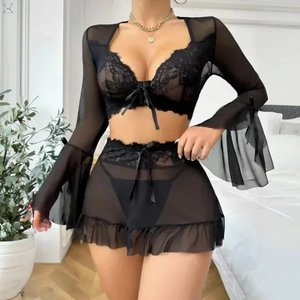 Sexy Satin Dentelle Maille Ensemble de Nuisette Top And Bottom pour Femmes Volants Manches Cloches Longues Transparent Pyjama Maison