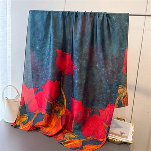 Elegant satin scarf with vintage red tulip print on a silk-like deep starry background