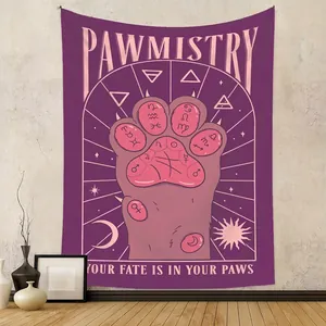 Pawmistry Cat Paw Tapestry Wall Hanging Polyester Fabric Mystical Astrology Zodiac Moon Stars Bohemian Aesthetic Room Decor