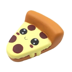 Cute slow rebound squishy pizza toy with a smiley face and cartoon eyes on white background