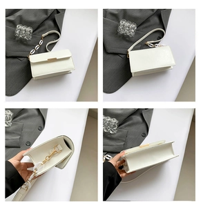 Multi-angle view of white quilted crossbody bag with chain strap and gold hardware