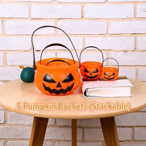 5-piece stackable Halloween pumpkin buckets with black handles for candy and decoration