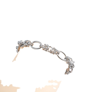 Handcrafted silver woven chain bracelet with intricate Byzantine style link design