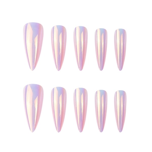 Silver mirror effect chrome stiletto press-on nails with lavender aurora metallic shine