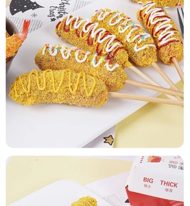 Macro shot of large crispy breaded cheese hot dog with mustard, ketchup and dressing