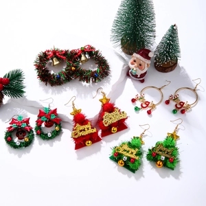 Chic Christmas earrings set featuring velvet trees, wreaths and gold JOY charms