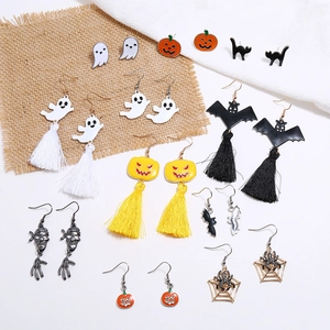 Halloween Alloy Enamel Earrings Pumpkin Ghost Bat Skull Spider Tassel Gothic Party Jewelry For Women Novelty