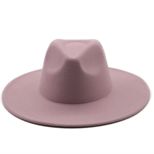 Top view of pink wide brim wool fedora hat with clean stitching on flat rim