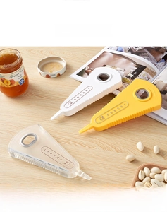 Three-color multifunctional jar and bottle opener displayed on a wooden table