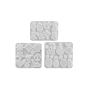 Silicone DIY molds set featuring forest animals, sea life, and fruit patterns for jewelry