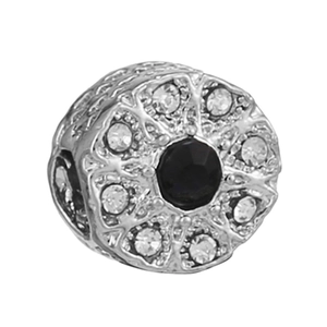 Silver bead charm with central black gemstone and white rhinestones for DIY bracelets