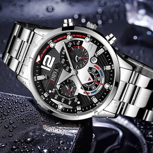 Men's silver stainless steel business watch with black chronograph dial and calendar display