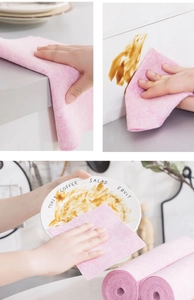 Detail of pink coconut fiber dishcloths showing roll format and kitchen cleaning scenarios