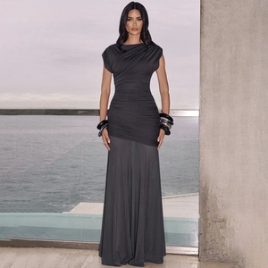 Elegant dark grey ruched sleeveless maxi dress with an asymmetrical neckline for women
