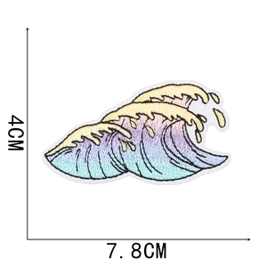 Detailed view of Ukiyo-e wave embroidery patch with size dimensions 7.8cm by 4cm