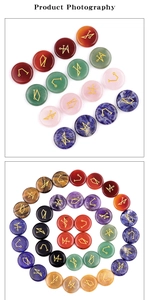 Macro view of natural crystal stones with engraved golden celestial symbols in spiral layout
