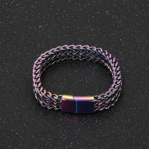 Detailed macro view of woven rainbow stainless steel dragon bone chain with magnetic clasp