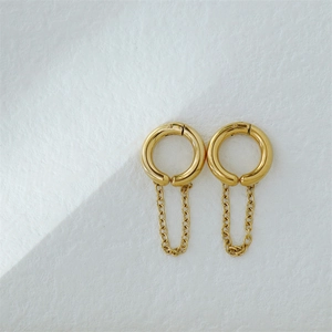 Pair of minimalist golden hoop ear cuffs with chain tassel for women without piercing