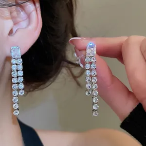 Silver luxury square zircon tassel earrings with crystal fringe for elegant women