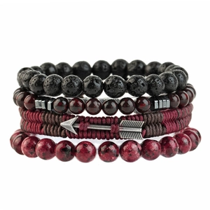 Tiger eye and lava stone multi-layer beaded bracelet set with leather woven details