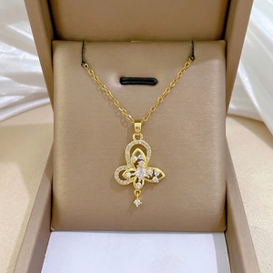 Butterfly Pendant Necklace Stainless Steel Copper Zircon Hollow Layered Chain Elegant Aesthetic Jewelry For Women
