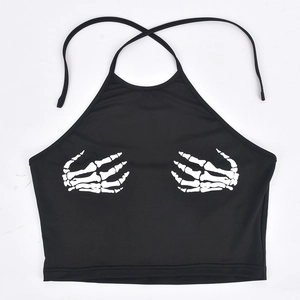 Flat lay of a black halter crop top with white skeletal bone hand prints on the front