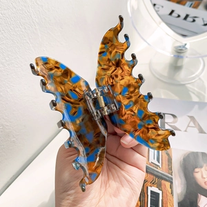 Large amber brown and blue marbled acetate butterfly hair claw clip for women