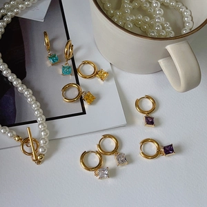 Elegant 18k gold plated stainless steel hoop earrings with colorful square zircon charms