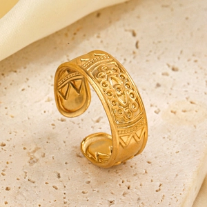 Bohemian gold stainless steel open ring with engraved floral and geometric patterns