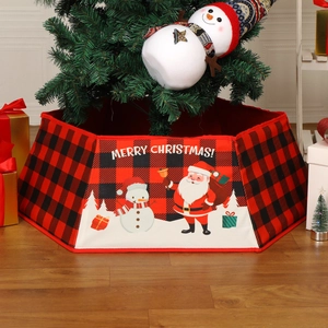 Christmas Tree Collar Fabric Folding Buffalo Plaid Base Cover Decoration Santa Snowman Pattern For Holiday Home Decor