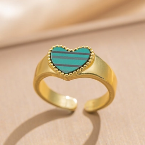 Elegant gold-tone heart-shaped brass open ring with green shell inlay and beaded edges