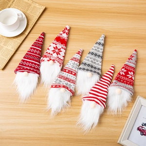 Set of 6 Christmas gnome wine bottle covers with knitted hats and white beards