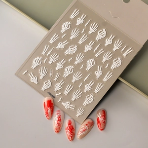 5D white skeleton hand embossed nail stickers with blood splatter halloween nail art